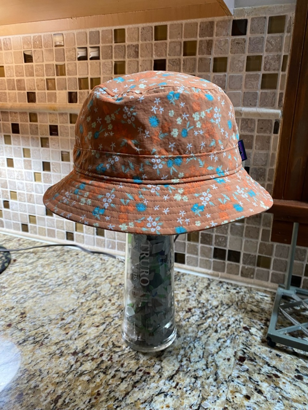 Patagonia Kids Floral Bucket Hat - Orange with Blue & White Flowers